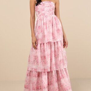 Lulus Kamella Light Pink Floral Pleated Strapless Tiered Maxi Dress - Size M
